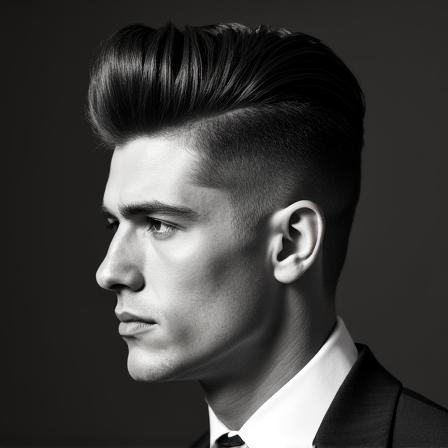 Corte Pompadour clásico con acabado brillante
